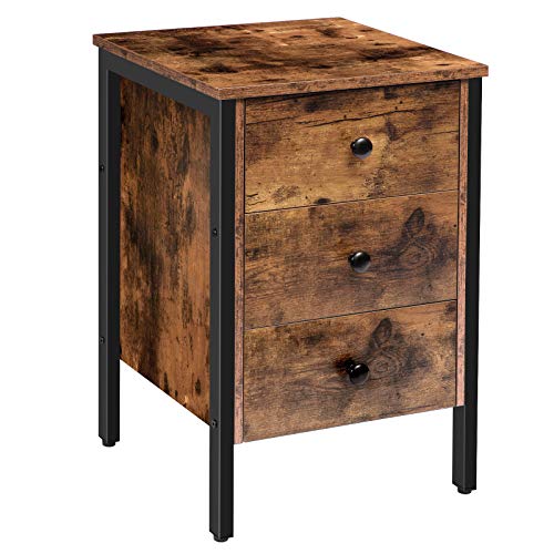 HOOBRO Nightstand, End Table with 3 Drawers and Storage Shelf, Retro