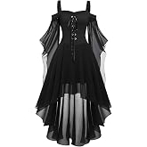 Women's Gothic Punk Dress Cold Shoulder Butterfly Sleeve Witchy Dresses | Witch Dress for Women Halloween Costumes Gothic Punk Dresses Renaissance Medieval Vampire Butterfly Sleeve Mesh Party Outfits