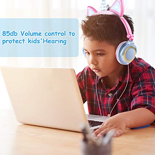 Ifecco Cuffie per Bambini, Cuffie Pieghevoli per Bambini con Luci LED Regolabile del Gatto Simili Orecchie, Cuffie Over-Ear Cablata, Halloween & Regalo di Natale per Bambini (Multicolore Unicorno)
