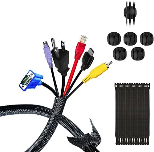 [2 Pack] ELECLOVER 20 Inches PET Expandable Braided Cable / Cord Management Sleeves kit for TV / Computer / Home Entertainment with 15 Pack Self-gripping Cable Ties and 6 Pack Cable Clips as Bonuses