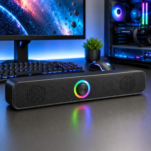 Caixa de Som Soundbar para Computador Notebook e TV com LED RGB, Conexão USB e P2 3,5mm, Bluetooth, Estéreo 6W, Drivers de Alumínio, Plug and Play