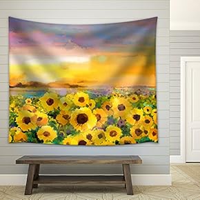 Oil Painting Yellow- Golden Sunflower, Daisy Flowers in Fields. - Fabric Wall Tapestry Home Decor - 51x60 inches