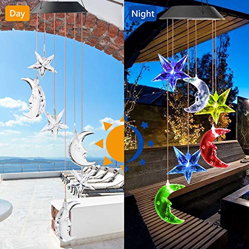Vinkki Solar Wind Chime Color Changing Solar Light Moon Star LED Wind Chime Wind Mobile Portable Waterproof Outdoor Decorative Romantic Wind Bell Light for Patio Yard Garden Home
