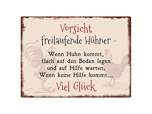 Schild Made in Germany WANDSCHILD Metallschild Vorsicht FREILAUFENDE HÜHNER Deko Huhn Lustig