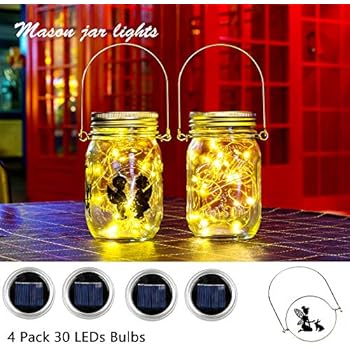 Flow.month Solar Mason Jar Lid Light(Handle/Fairy Sticker Included),4 Pack 30Led String Fairy Lights, Decor Idea for Mason Jar,Patio Garden Solar Fairy Laterns Table Lights(No Jars)