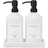 White Glass Kitchen Soap Dispenser Set, 17 OZ Hand and Dish Soap Dispenser Set with Rustproof Stainless Pump, 14 Waterproof Labels, Non-Slip Tray, Modern Bathroom Accessories(White Bottle/Black Pump)