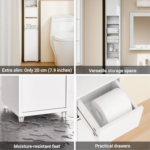 SoBuy Muebles para Baño, Organizador de Baño Estrecho, Mueble Esquinero para Baño, Armario de Almacenamiento Baño, Armario Alto con Cajón y Estantes Ajustables, de 180cm(Natural BZR34-WN)