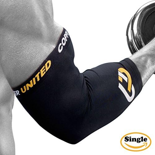 Copper United Compression Elbow Sleeve #1 Copper Infused Fit Support - GUARANTEED Recovery Brace - Best for Workouts , Golfers , Tennis Elbow , Arthritis , Tendonitis &amp; More - Wear Anywhere - Single