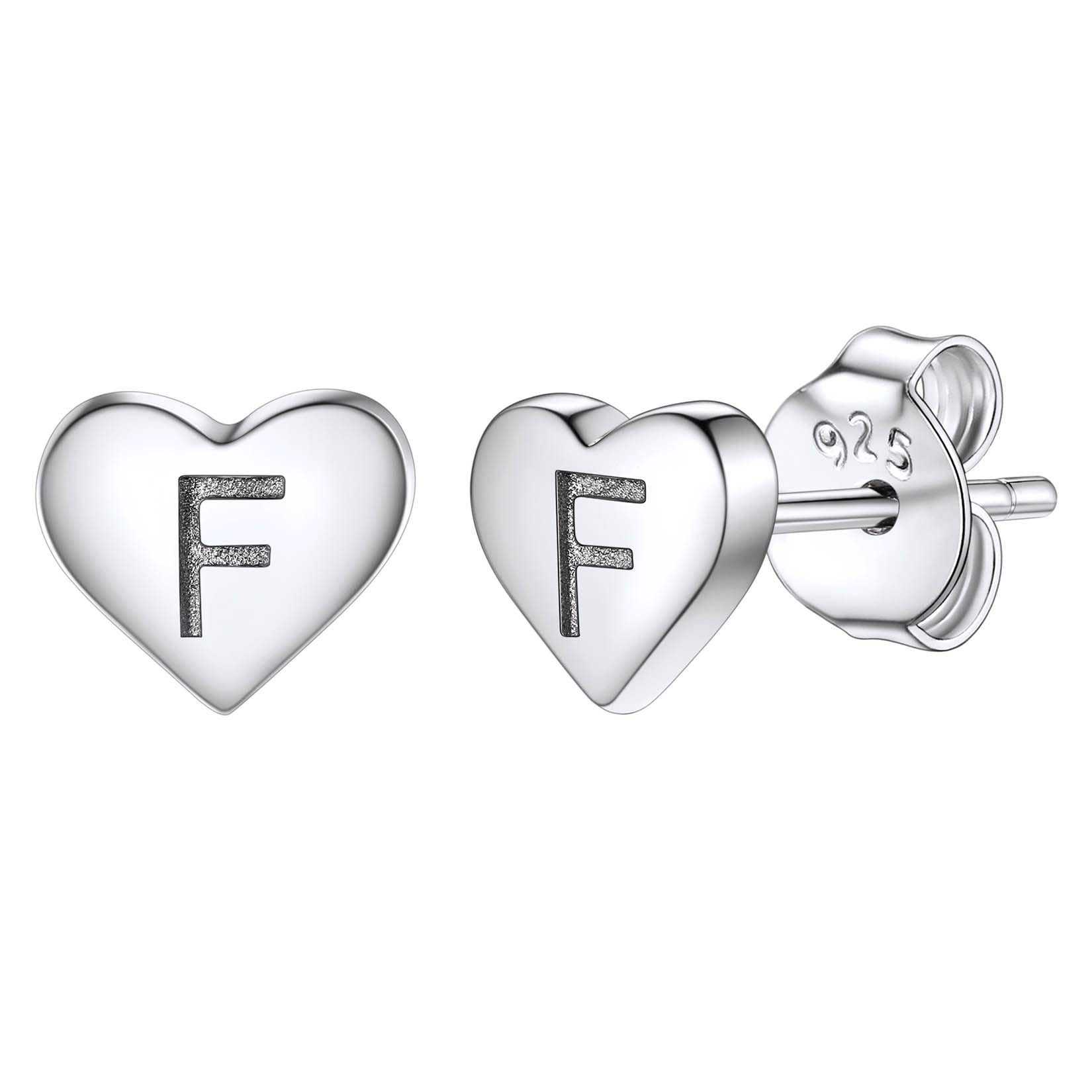 Studs Earrings for Women, S925 Sterling Silver Heart Initial Letter F Small Tiny Earrings for Girls Ladies Mum Daughter Sisters Friends Lover Hypoallergenic Silver Jewellery with Gift Box