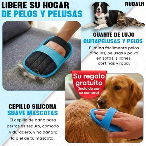 RUBALN® ️ Cat and Dog Hair Remover Glove + Free Scraper Brush, Pet Hair Remover Mitt, Dog Hair Remover, Reusable Glove Removes Pet Hair, Daily Use (Blue)