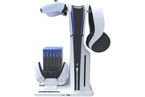 HESUPY PS5 Slim Cooling Stand Dock with Dual PS5 Controllers Charging Station, for PS5 Slim Console Cooling Station with 6 Game Disc Slot Organizer, with 2 Headphone Hangers