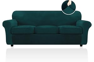 FestiCorp Velvet Sofa Cover, Couch Covers for 3 Cushion Couch Sofa Slipcovers for Sofas with 3 Cushions, Stretch 4 Piece Couch Cover, Thick Furniture Covers for Dogs Pets, Sofa, Emerrald Green