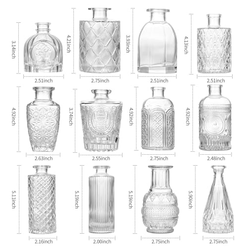 12 Pieces Glass Vases, Small Vintage Flower Vases, Transparent for Table Decoration, Floral and Wedding