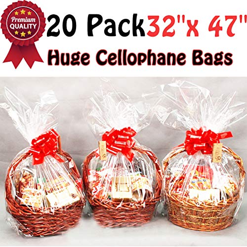 Clear Basket Bags Package Bags Cellophane Wrap for Baskets and Gifts, 47 by 32 Inches (20-Pack)