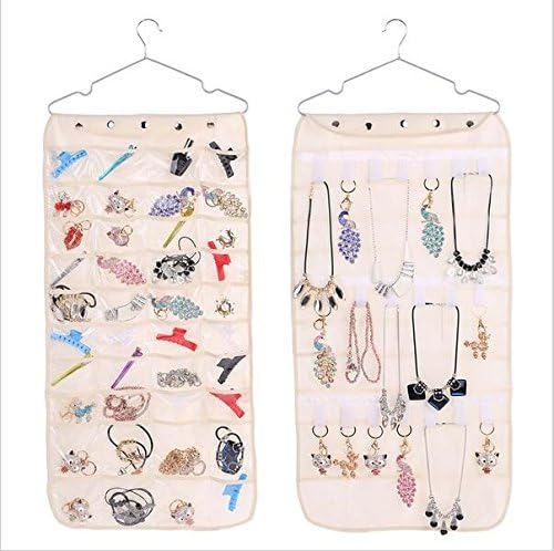 BeTreeStory 40 Pocket Multifunctional Hanging Jewelry Organizer Holder Storage Bag Women Necklace Earrings Make up Hanging Pouch Display with Metal Hanger (beige)