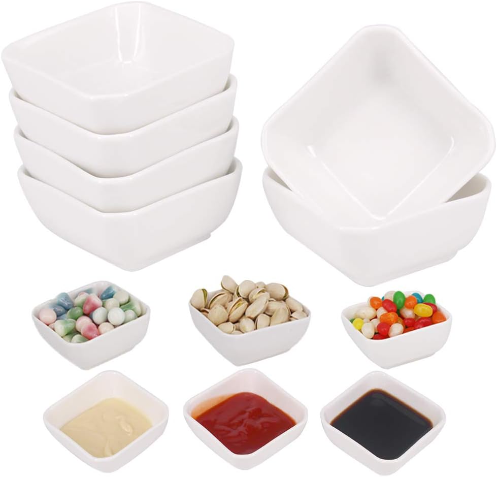 YBCPACK Square Ceramic Dipping Bowls, 3oz, Set of 6, Durable and Long-Lasting, Small Soy Sauce Dish Perfect for Dips Snacks