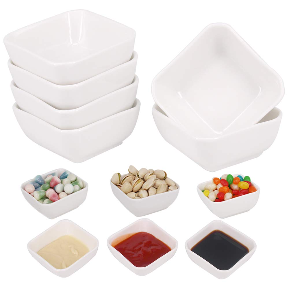 YBCPACK Square Ceramic Dipping Bowls, 3oz, Set of 6 - Durable and Long-Lasting, Small Soy Sauce Dish Perfect for Dips, Snacks, Tapas, and Nibbles