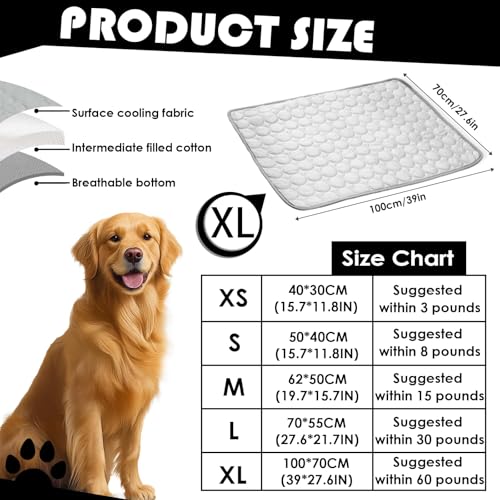 Raisand Cooling Mat for Dogs100x70cm, Scratch-Resistant Premium Polyester Fabric, Dog Cooling Mat, Non-Toxic Foldable Easy-Clean Pet Cooling Mat for Indoor, Outdoor and Car Use (XL/Grey)