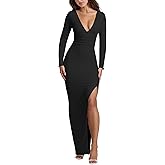 Kaximil Women's Sexy Long Sleeve Deep V Neck Bodycon Maxi Dress Side Slit Wedding Guest Cocktail Long Dress