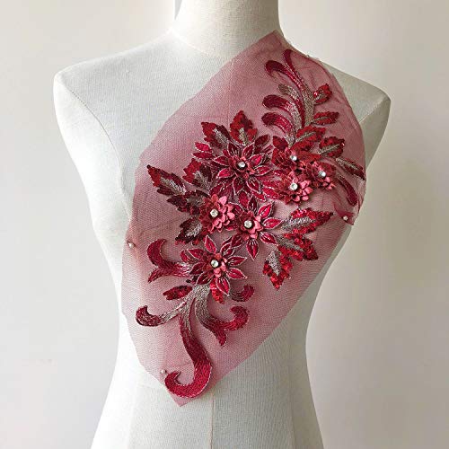 Shimmer Burgundy 3D Flower Lace Applique Crystal Sequined Embroidery Lace Patch Wedding Motif Sew on Dress Gown Costumes