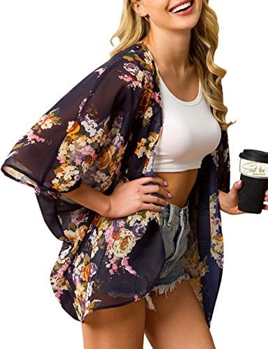 Women's Beach Cover Up Floral Print Chiffon Summer Swimwear Kimono Cardigan