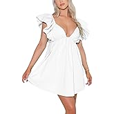 Zebaexf Womens Spring Summer V Neck Knot Back Causal Strap Short Flowy Swing Mini Dress