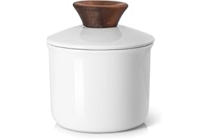 DOWAN Butter Crock for Counter, French Butter Keeper Crock with Water, Ceramic Airtight Butter Dish with Wood Knob Lid for Soft Butter, White