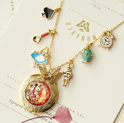 Alice in wonderland locket necklace,faux opal locket,bunny,teapot,clock,Spoon,black heart