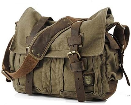 Vintage Army Canvas &amp; Genuine Leather Shoulder Messenger Bag - Medium Size