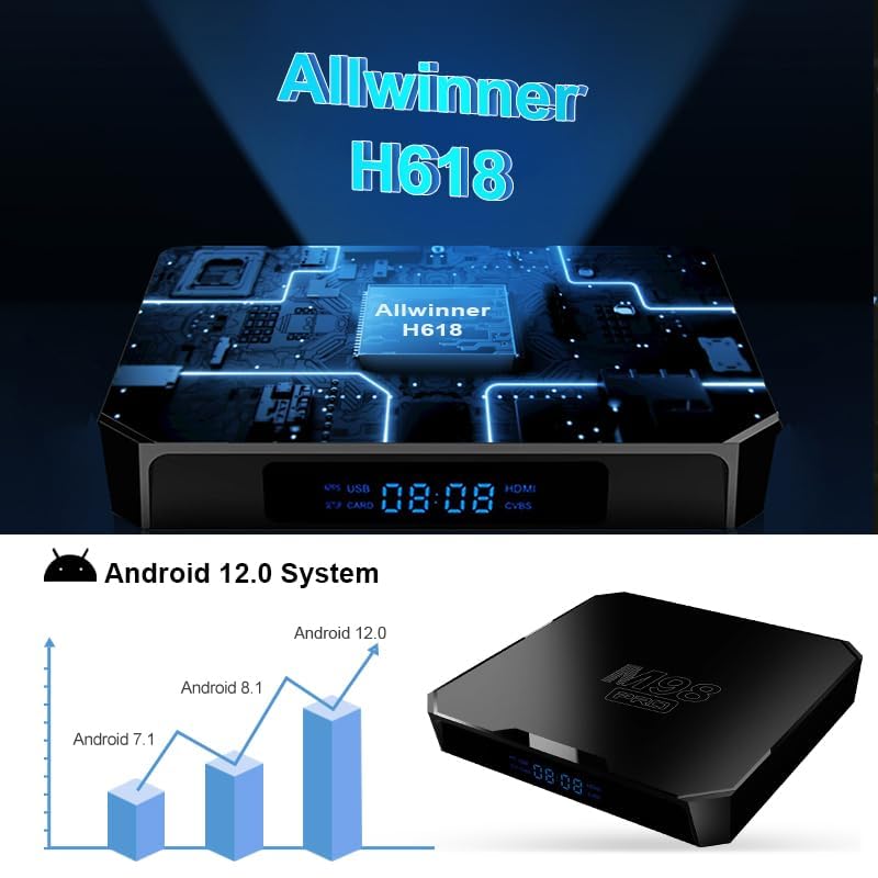 Android TV Box, M98PRO 12.0 4GB RAM 32GB ROM 4K Ultra HD, AllWinner H618 64bit Support 3D USB HD H.265 2.4/5GHz Dual WiFi Ethernet & Intelligent Control Interface for Android Box