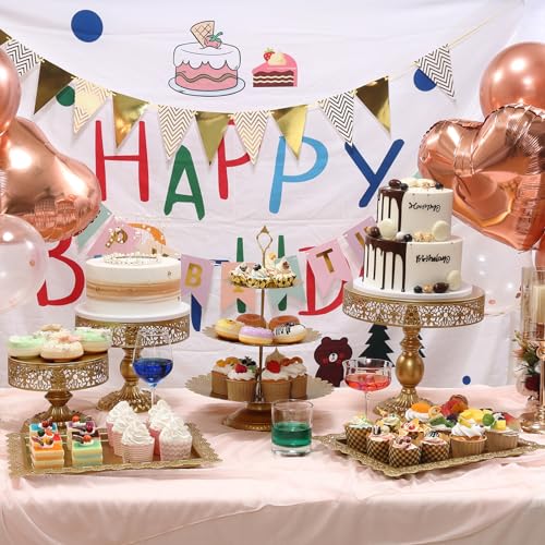 Gold Dessert Table Display Set 6 +1, Gorgeous Metal Cake Pop Display Stands Dessert Platter Cupcake Tower with 50Pcs Balloons for Wedding Birthday Party Baby Shower Afternoon Tea Festival Decor