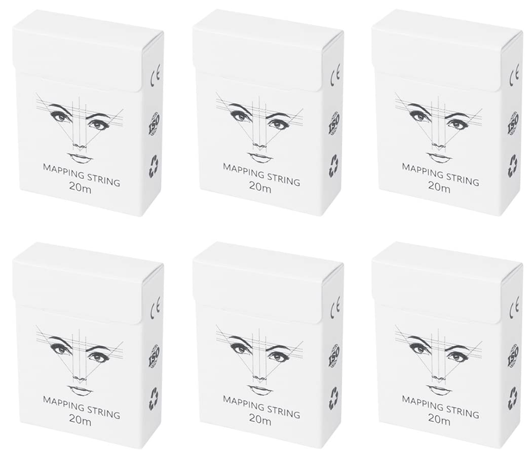 XIAOYU 20M Pre-Inked Eyebrow Mapping String for Eyebrow Measuring, Brow Mapping Thread, 6 Pack, White Box (Black Ink)