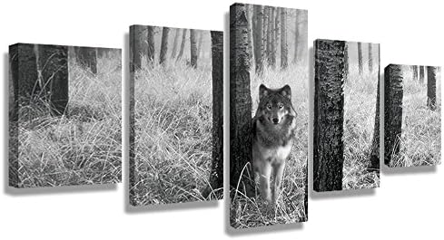 5 Panel Wall Art Painting Watchful Wolf Eyes In The Wild Pictures Prints On Canvas Animal The Picture Decor Oil For Home Modern Decoration Print(40"W x 20"H, Framed) CrmArt