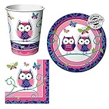 Creative Converting Owl Pal Tableware Package Including Cups, Beverage Napkins, and Dessert Plates for 16 Guests