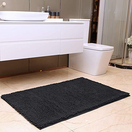 KMAT Bath Mat Rug Nonslip Plush Chenille Bathroom mat Quick Absorbent 28" x 47" Black Large Bath