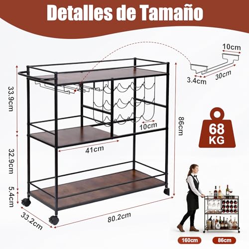 Carrito Organizador con Ruedas,Carrito Auxiliar,Carrito de Servicio Tipo Bar,Mueble Cantina Bar para Casa de 3 Niveles,Ruedas Bloqueables,para 12 Botellas y Copero,Multiusos para Cocina,Sala y Fiestas