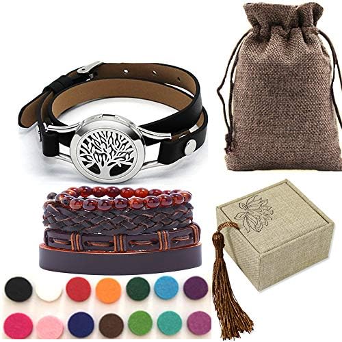 FUEGOELVES a Set of Leather Bracelets + Essential Oil Diffuser Bracelet for Aromatherapy Anxiety Jewelry Hypo-allergenic 316L Surgical Stainless Steel (19-ESS430878)