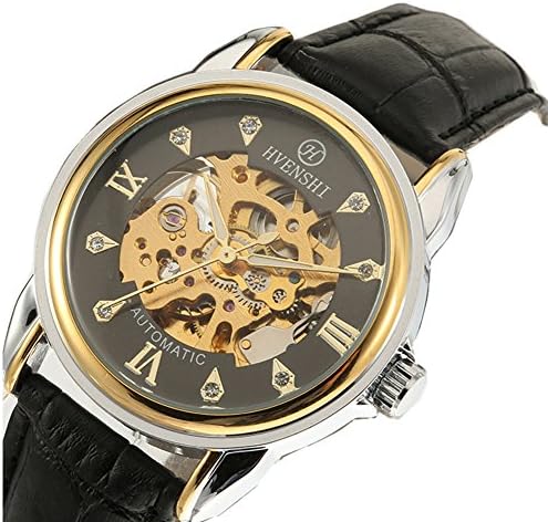 HVENSHI Black Leather Stainless Gold Skeleton Mechanical Men Sport Wristwatch Black Rose-gold Case HS227