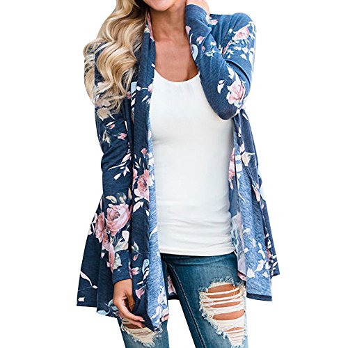 Hanican Women Ladies Long Sleeve Coat Floral Jacket Open Front Kimono Outerwear Elegant Cardigan (Blue, L)