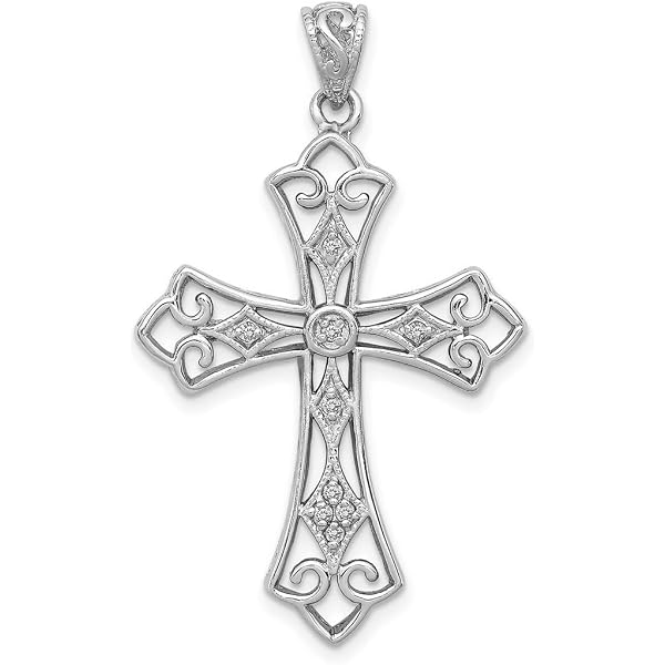 925 Sterling Silver Diamond Filigree Cross Pendant - 41.5x25mm, Textured & Polished, For Women (Necklace Chain Not Included) - View #3