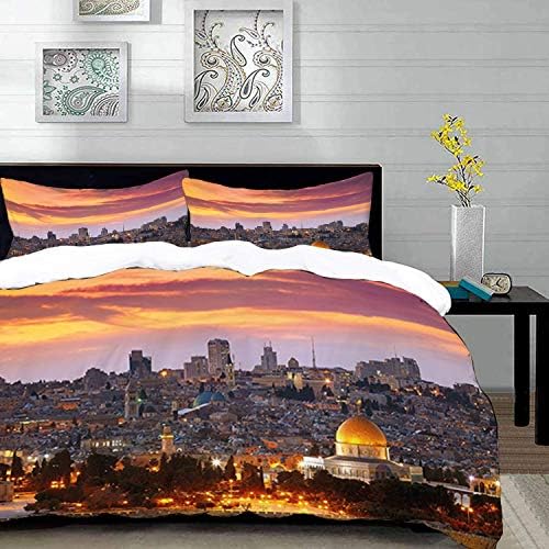 Duvet Cover Set,Landscape Theme Design,Ancient Old City Jerusalem Historical Religious Center Israel Twilight View,Twin Size Decorative 3 Piece Bedding Set with 2 Pillow Shams,Blue Gold ,Super soft co