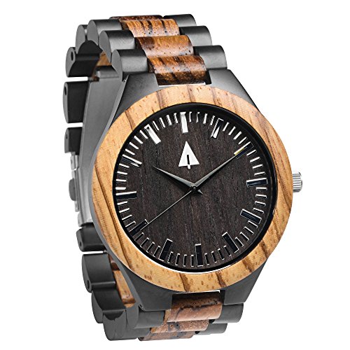 Treehut Men's Zebrawood Wooden Black Stainless Steel Watch Quartz Analog with...