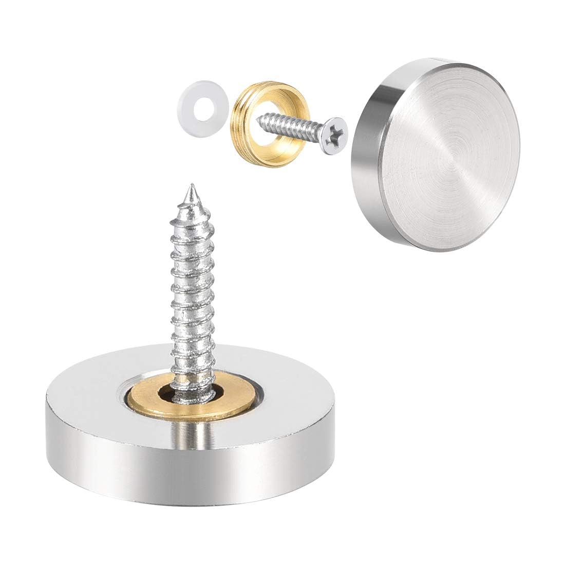 TOP-VIGOR 4Pcs Mirror Screws, 22mm Cap Nail With Washers, Decorative Cap Covers Brushed Nails for Mirrors, Furniture Fittings, Tables, Wardrobes, Glass, Silver