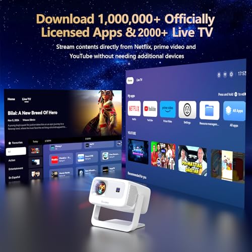 [3500-Ultra Bright/Official Apps Downloads/65W Dolby Audio/4K Support] Smart Outdoor Projector with WiFi and Bluetooth, Auto Focus, All-in-One Streaming Apps Proyector, 2026 Upgraded from Grey Model