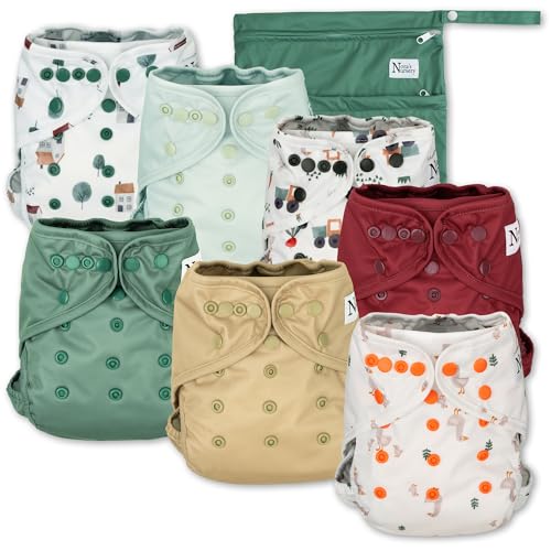 Photo 1 of Nora's Nursery Cloth Diaper Cover, Reusable Cover with Snap Closure for Flat or Fitted Inserts - 7-Pack with Wet Bag - On The Farm