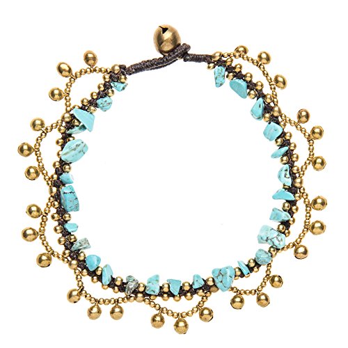 Women's Brass Gold Tone Simulated Turquoise Bell Bead Ankle Anklet Bracelet, 27 cm