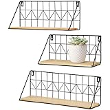 Mkono - Juego de 3 estantes flotantes de pared, estantes de almacenamiento de pared de madera rústica moderna con estante de exhibición de alambre de metal para dormitorio, sala de estar, baño, cocina, oficina, beige