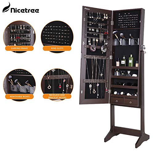 Nicetree Jewelry Cabinet with Full-Length Mirror, Standing Lockable Jewelry Armoire Organizer, 3 Angel Adjustable, Brown - Thumbnail 2