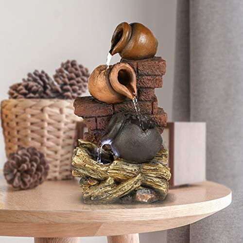 PeterIvan Indoor Waterfall Fountain - 10 4/5â€ H 3 Jars Tabletop Fountain, Woodland Tree Trunk Relaxation Waterfall Fountain with LED Light and Free Submersible Pump