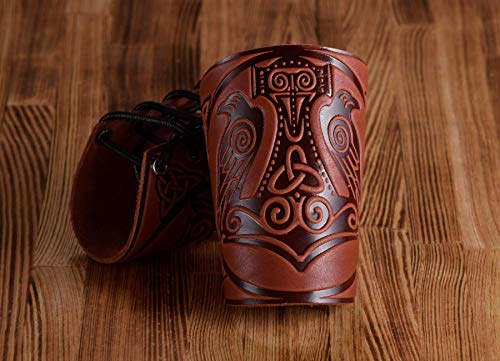 Leather Cuff Bracer - LARP Gauntlet - Leather Wristbands - LARP Accessories Viking Bracers - Viking Thor`s Hammer Ravens - Length 5" - Thumbnail 6